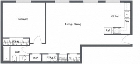 Floor plan for 1 bed, 1 bath, 720 sqft